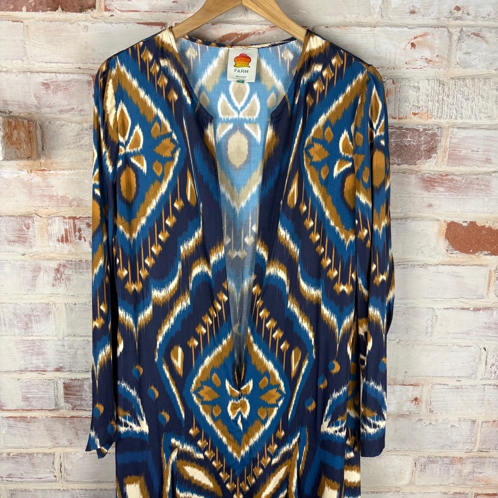 Farm Rio Blue Gold Pineapple Ikat Long Sleeve Maxi Dress L Boho Tribal Statement - Picture 3 of 11